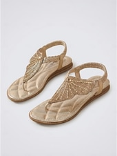 preiswerte Flache Sandalen-Funkelnde goldene Strass-Zehentrenner-Sandalen für Damen – elegant verziert mit Strasssteinen und metallischen Riemen, ideal für den Strandurlaub &amp;tropische Inselresorts