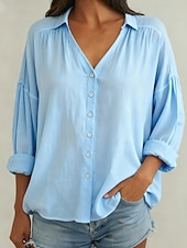 economico Camicie Finte Essenziali-Per donna Blusa Finto cotone e lino Bottoni Tinta unica Essenziale Casual Manica Lunga Scollo a V Top Regolari Quotidiano Blu Bianco Rosa Verde Estate Primavera Autunno