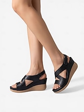 baratos Sandálias Confortáveis-Sandálias femininas pretas minimalistas com suporte para o arco do pé e salto anabela – sandálias confortáveis com tiras cruzadas no calcanhar, calçado leve e acolchoado para uso diário no escritório