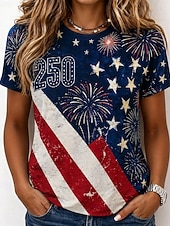  Dia da Independência Americana Mulheres Camiseta Imprimir Gráfico Bandeira Letra Vintage Moda à moda Manga Curta Gola Redonda Decote Redondo Tops longos Casual Diário Final de semana Azul Branco