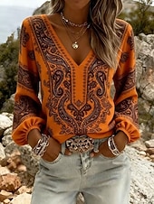 abordables Arte &amp; Diseño Blusas-Mujer Camisa camisa boho Estampado Graphic Cachemir Elegante Bohemia Vacaciones Manga Larga Escote en Pico Tops largos Casual Diario Festivos Azul Piscina Blanco Naranja Gris Verano Primavera