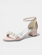 cheap Heeled Sandals-Women's Navy Pearl Embellished Chunky Heel Sandals - Elegant Ankle Strap Cocktail Party Dress Shoes