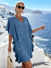 preiswerte Lässige Blumenkleider-Damen Knielanges Kleid Shiftkleid Freizeitkleid Jeanskleid Mode Klassisch Täglich Outdoor Urlaub Lässiger Schnitt Einfach Kurzarm V Ausschnitt Magenta Schwarz Braun Khaki Sommer Frühling