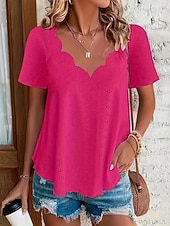 cheap Plain Blouses-Women's Pointelle Shirt Eyelet Top Blouse Eyelet Plain Active Basic Casual Short Sleeve V Neck Regular Tops Casual Daily Beach Black White Yellow Pink Wine Summer Spring