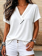 economico T-shirt semplice-Per donna Top estivi Arricciato Bottoni Grafico Semplice Elegante Classico Manica Corta Scollo a V Top lunghi Casuale Quotidiano Abbigliamento da vacanza Bianco Rosa Verde Grigio Azzurro Estate