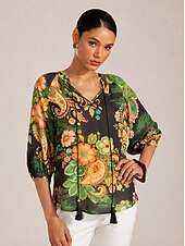 abordables Blusas y camisas-Top de gasa fluida con mangas raglán y estampado paisley.