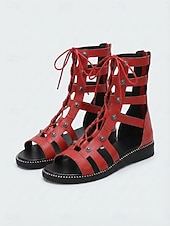 ieftine Sandale gladiator-Sandale gladiator cu cuie pentru femei – pantofi romani plați, cu șireturi și barete, pentru vacanțe în croazieră, călătorii la plajă și ținute de vară