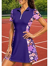 cheap Women's Tennis Dress-Women's Floral Sports Dress Tennis Polo Dress Short Sleeve Quarter Zip UPF50+ Elastic Sweat-Wicking Breathable Volleyball Tennis Golf Turndown Zip Collar Dress Purple Tennis Clothing