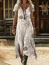  Damen Midikleid Boho-Kleid Freizeitkleid A Linie Kleid Druckkleid Vintage Outdoor Urlaub Wochenende Normale Passform Grafik Gänseblümchen Kurzarm V Ausschnitt Grau Sommer Frühling