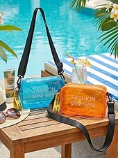 billige Reise- og feriebager-kvinners klar PVC-skulderveske, flerfarget gjennomsiktig skulderveske med justerbar stropp, lett og stilig for strandferie, reise og uformell daglig bruk.