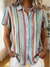  Damen Shirt Kurzarm Grafik Geometrisch Gestreift Vintage Tropisch Stilvoll Shirt Kragen Reguläre Tops Täglich Salbeigrün Pink Lila Orange Grün Sommer Frühling