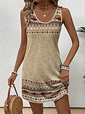 economico Abito Boho-Per donna Mini abito Abito a trapezio Vacanza Casual Spiaggia Ferie Vestibilità aderente Grafico Geometrico Senza Maniche Collo a U Marrone Cachi Estate Primavera