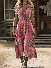 tanie Podstawowe sztuczne sukienki-Damskie Sukienka midi Sukienka Boho Mieszanka lnu Sukienka koszulowa Sukienka letnia Elegancja Bohema Etniczne Plaża Święto Regularny Graficzny Geometryczny Bez rękawów W serek Rumiany r