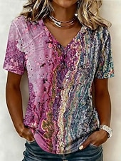 billige Kunst &amp; Design t-skjorte-Dame T skjorte Trykt mønster Nyanse Geometrisk Abstrakt Stilfull Klassisk Fritid Kortermet V-hals Vanlige topper Avslappet Daglig Rosa Vin Dusty Blue Fuksia Grønn Sommer Vår