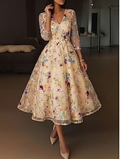  Linea ad A Lunghezza alla caviglia Abiti da Cocktail Elegante Vintage Floreale Mezza Manica Scollo a V Festa in giardino Matrimonio Raso Tulle con Fiore ricamato Pieghe Ricamo