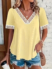  Women's Eyelet Top Pointelle Tee T Shirt Tee Textured Elegant Stylish Classic Short Sleeve V Neck Regular Tops Casual Beach White Yellow Pink Summer
