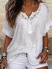 economico Top in Pizzo-Per donna Blusa Pizzo Tinta unica Elegante Casual Manica Corta Scollo a V Top Regolari Quotidiano Blu Nero Bianco Arancione Grigio Estate Primavera Autunno