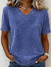  T-shirt femme en coton délavé à l'acide, style vintage, manches courtes, col V, coupe classique, décontracté, idéal pour le quotidien et les sorties, bleu violet / bleu noir violet orange été