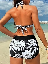cheap Bikini Sets-Women's Swimwear Bikini 2 Piece Shorts Swimsuit Slim Backless Vacation Beach Wear Floral Halter Neck Sleeveless Bathing Suits