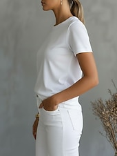 baratos Camiseta lisa-Mulheres Camiseta Camisa de algodão T-shirt Côr Sólida Moda à moda Básico Manga Curta Gola Redonda Decote Redondo Tops regulares Casual Diário Para Noite Branco Rosa Vermelho Laranja Verão Primavera