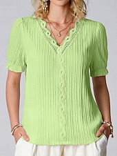 cheap Plain tee-Women's T Shirt Lace Splicing Top Tee Top Lace Patchwork Plain Fashion Stylish Classic Short Sleeve V Neck Regular Tops Daily Going out Weekend Black White Yellow Purple Fuchsia Summer Spring