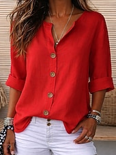 abordables Camisas de Lujo-Blusa de mujer 100% algodón con botones, color liso, para uso diario informal, manga 3/4, cuello en V, tops regulares, para uso diario, negro, blanco, rojo, naranja, verde, verano, primavera, otoño