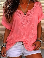 economico Top in Pizzo-Per donna Blusa Pizzo Tinta unica Elegante Casual Manica Corta Scollo a V Top Regolari Quotidiano Blu Nero Bianco Arancione Grigio Estate Primavera Autunno