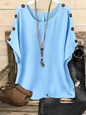 preiswerte Einfarbiges T-Shirt-Damen T Shirt T-Shirt Knöpfe Einfach Mode Stilvoll Klassisch Kurzarm Rundhalsausschnitt Normale Oberteile Täglich Ausgehen Wochenende Blau Weiß Gelb Rosa Orange Sommer Frühling