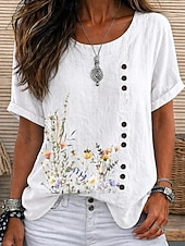 baratos Camiseta floral-Women's Blouse Buttons Floral Graphic Elegant Vintage Daily Short Sleeve Crew Neck Regular Tops Casual Daily Holiday Blue Grass Green White Yellow Pink Summer Spring