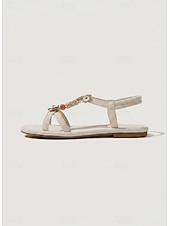 Χαμηλού Κόστους Ισιωμένα σανδάλια-Γυναικεία boho chic φλατ σανδάλια με διακοσμητικές μεταλλικές χάντρες – άνετα υποδήματα για casual και γάμους στην παραλία, καλοκαιρινές εκδηλώσεις και διακοπές