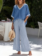 voordelige Blousepakken voor dames-Dames Broeken Sets Korte mouw V-hals Grafisch Gestreept Modieus Streetwear Casual Dagelijks Buiten blauw Zwart Rood Lente zomer Ruim Passend