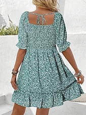 abordables Vestidos casuales con flores-Mujer Vestido hasta la Rodilla Vestido informal Vestido de flores Vestido Estampado Elegante Moda Moderno Manga Farol Exterior Vacaciones Noche Holgado Floral Manga Corta Escote Cuadrado Azul Piscina