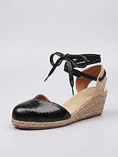 billige Kvinner-damesandaler med snøring og kilehæl – elegante espadriller med lukket tå og ankelomslag for øyferier, middelhavsreiser og sommerferieanlegg