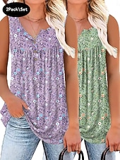 cheap Plain Tank-Multi Packs 2pcs Women's V Neck Sleeveless Yellow+Blue Tank Sleeveless Shirt Tee Top Floral Casual Daily Polyester Summer