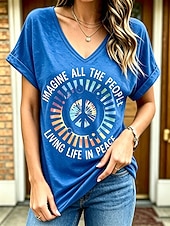 cheap Art&amp;Design tee-Women's T Shirt Print Graphic Letter Vintage Stylish Casual Short Sleeve V Neck Regular Tops Casual Daily Weekend Blue Black Red Purple Summer Spring