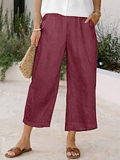  Mulheres Calças com toque de linho Calças Capri Calças Shorts de verão Férias Moda Básico Comprimento total Cintura Alta Côr Sólida Tecido Bolsos Perna larga Cintura elástica Conforto Macio Respirável
