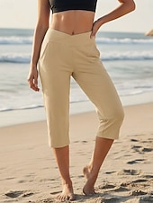 cheap Plain Leggings-Women's Capri Pants Leggings Vacation Streetwear Basic Capris Medium Waist Plain Pocket Elastic Waistband Comfy Comfort Stretchy Daily Outdoor Yoga Light Gray Black Blue Khaki Summer Spring Regular