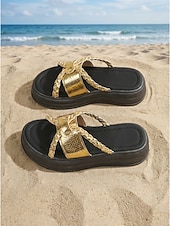cheap Women-Women's Gold Chain Platform Sandals – Chunky Slide Sandals for Beach &amp; Summer Vacation Wear