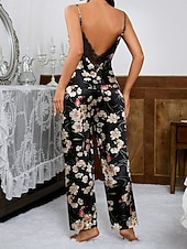 voordelige Slaaptops en -broeken voor dames-Dames Loungewear Pyjamaset Modieus Eenvoudig Casual Grafisch Satijnen zijden pyjama's Elastische taille Pantalon Huis Vakantie Mouwloos V-hals Zwart Lente Herfst Normale pasvorm