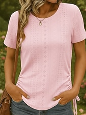 preiswerte Einfarbiges T-Shirt-Damen Textur Bluse Oberteil mit Ösen Pointelle Tee Bluse Kordelzug Ausgehöhlt Einfach Aktiv Vintage Stilvoll Ärmellos Kurzarm Rundhalsausschnitt Normale Oberteile Lässig Täglich Streetwear Weiß Rosa