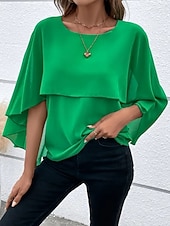 baratos Blusas Simples-Mulheres Blusa Franzido Côr Sólida à moda Básico Casual Manga 3/4 Gola Redonda Tops regulares Diário Azul Preto Rosa Vermelho Camelo Verão Primavera Outono