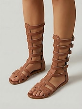 ieftine Sandale gladiator-Sandale gladiator pentru femei până la genunchi – sandale romane plate cu barete și cataramă multiplă, pantofi de vară boho pentru vacanțe în aer liber, călătorii și stațiuni pe plajă