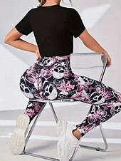 abordables Leggings y mallas de yoga-Women's Pilates Pants Yoga Pants Ruched Butt Lifting High Waist Gym Workout Running Fitness Leggings Skull Floral Botanical Pink Sports Activewear