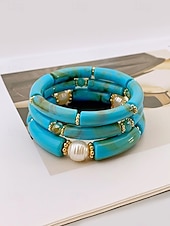 billige Damearmbånd-Bohemsk 3-delt armbåndssett i akryl for kvinner, elastiske, stabelbare armbånd, perfekt for strandferie, hverdagsbruk og sommertilbehør