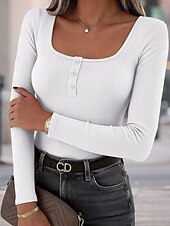cheap Plain Blouses-Women's Blouse Buttons Solid Color Daily Stylish Casual Long Sleeve Crew Neck Regular Tops Daily Black White Wine Brown Dark Gray Spring Fall