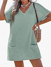 Недорогие Пляжные платья-Жен. Купальники Накидка Купальное платье Платья купальник Пэчворк Карман Отпуск Одежда для пляжа Полотняное плетение V-образный вырез Короткие рукава Купальники