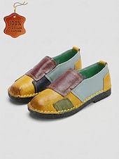 cheap Women's Flats-Women's Yellow Genuine Cowhide Colorblock Flats, Hand Stitched Slip On Casual Shoes, Comfortable Soft Sole Footwear for Daily Wear, Travel, Vacation &amp; Casual Outings