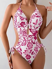 preiswerte Einteiler-Damen Badeanzug Einteiler Bikini Hohe Taillenlinie Bademode Gerafft Patchwork Urlaub Strandbekleidung Blumen Grafik Neckholder Ärmellos Badeanzüge