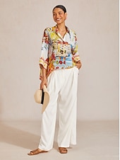 preiswerte Hemden, Tops und Blusen-Sommerbluse aus fließendem Chiffon mit malerischem Blumenmuster im Santorini-Stil