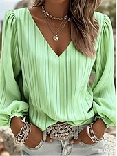 cheap Stripe&amp;Geometric Blouses-Women's Shirt Boho Shirt Pleated Graphic Striped Elegant Bohemia Vacation Long Sleeve V Neck Regular Tops Casual Daily Holiday Yellow Green Summer Spring